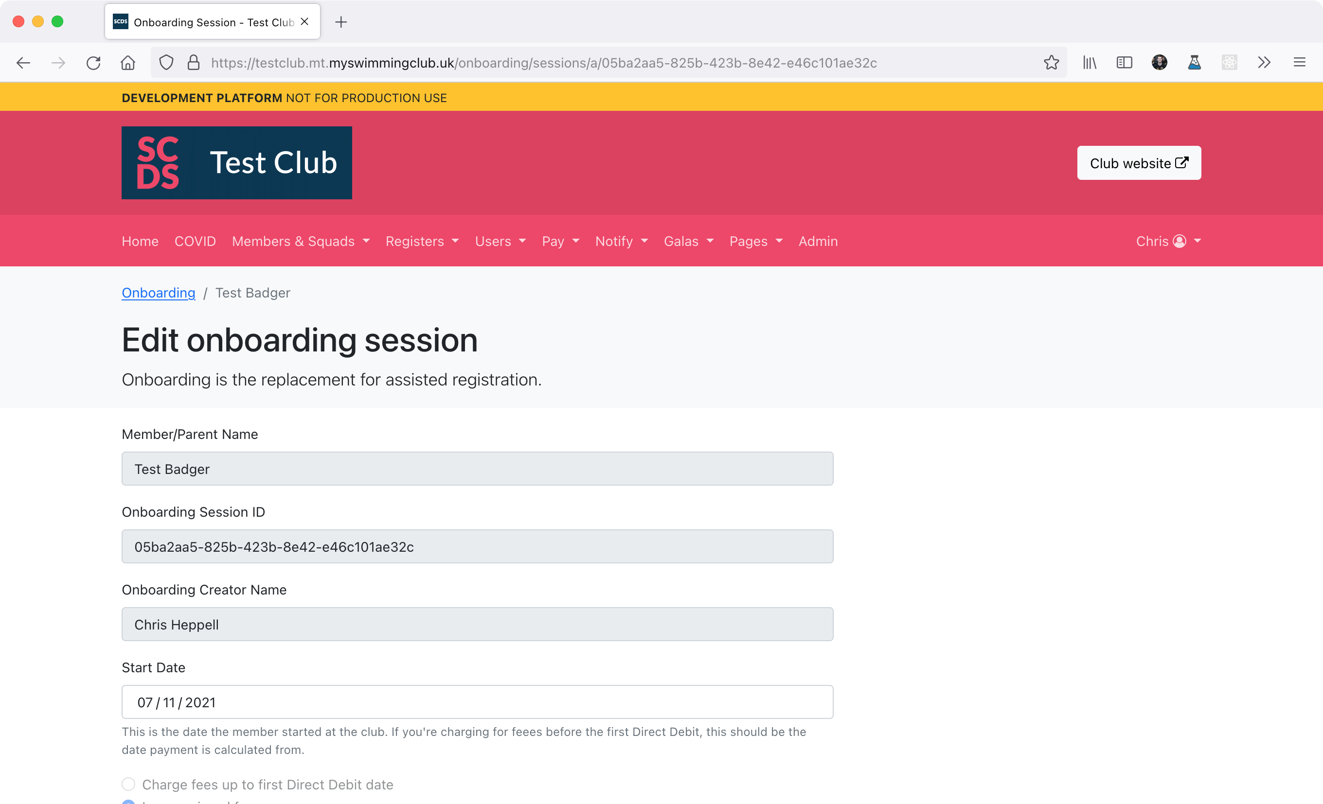 Screenshot of onboarding session information page