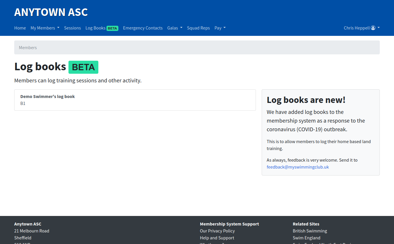 The log books homepage showing a list of members linked to your account