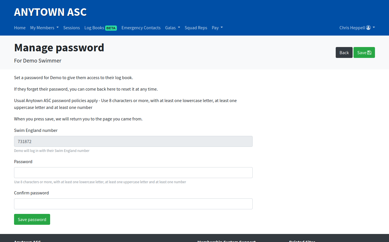 Screenshot of the manage password page