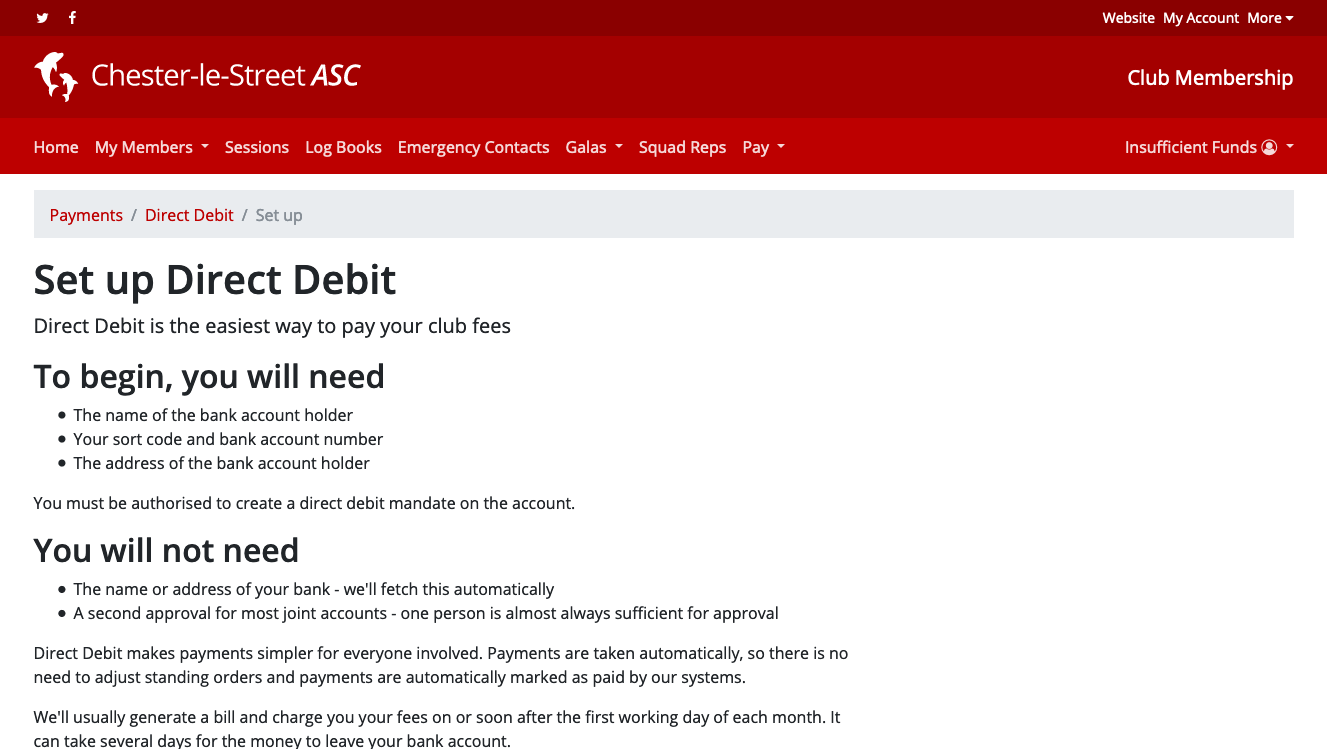 Screenshot of set up direct debit page